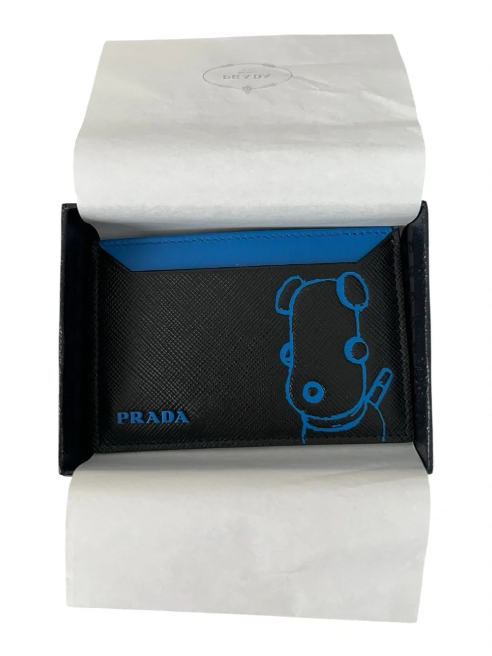Prada Black & Blue Saffiano Leather Card Holder with Graphic Detail
